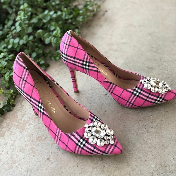Lauren Lorraine Shoes - Lauren Lorraine Pink Plaid Jewel Heels Pumps